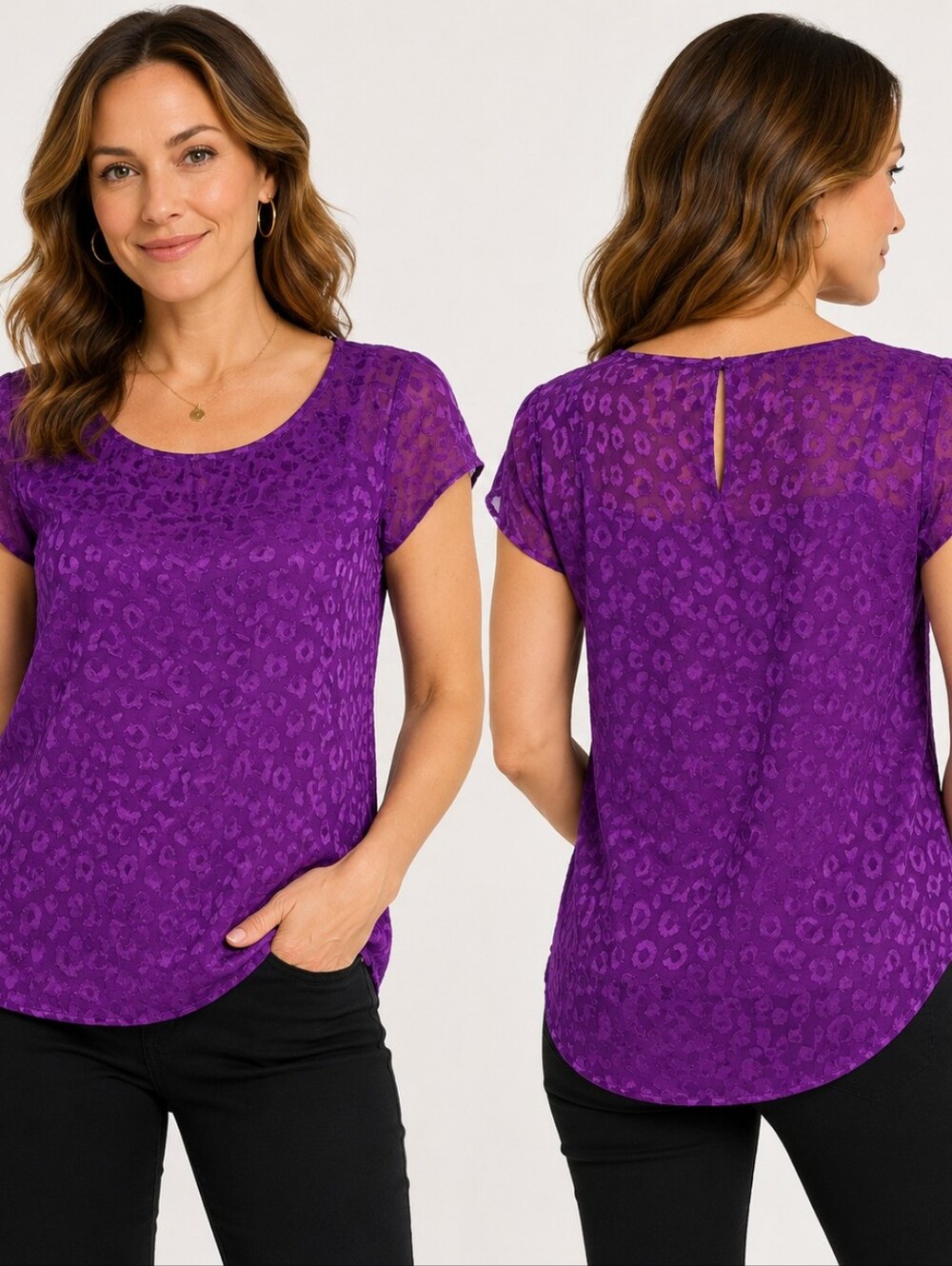 White House Black Market Size S Purple Burnout Animal Print Blouse Sheer Y2K Gla